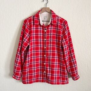 LL Bean Fleece Lined Scotch Plaid Flannel Button Down Shirt Shacket Medium Red